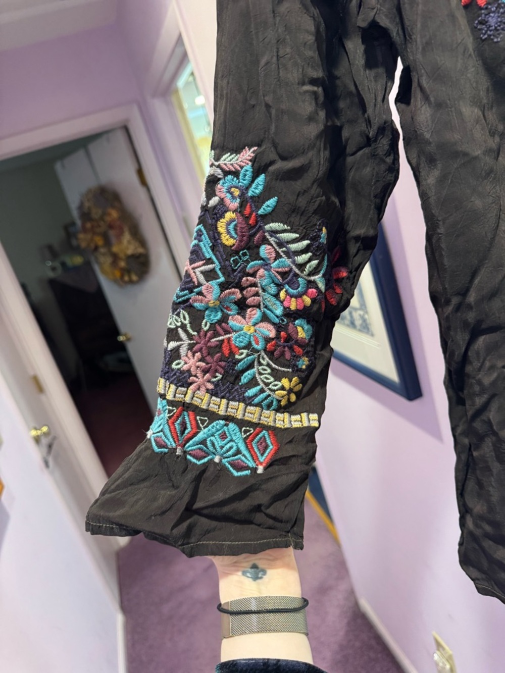 Johnny Was Size L Black Embroidered V-Neck Tunic with Multi-Color Floral Detail - Picture 5 of 9
